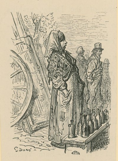 Een vrouw die glazen flessen verkoopt door Gustave Dore